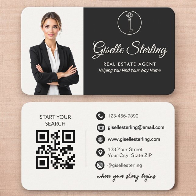 Elegant Neutral Photo Real Estate Agent QR Code  Business Card (Creator Uploaded)