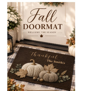 Elegant Neutral Plush Pumpkins Fall Outdoor Doormat