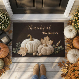 Elegant Neutral Plush Pumpkins Fall Outdoor Doormat