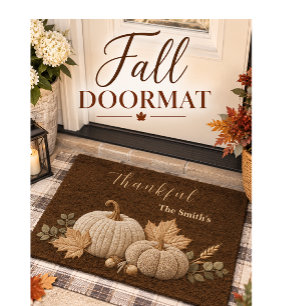 Elegant Neutral Plush Pumpkins Fall Outdoor Fiber Doormat