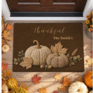 Elegant Neutral Plush Pumpkins Fall Outdoor Fiber Doormat
