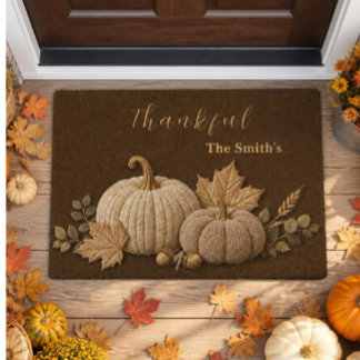 Elegant Neutral Plush Pumpkins Fall Outdoor Fiber Doormat