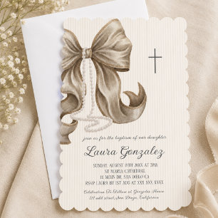 Elegant Neutral Striped Bow Baptism Invitation