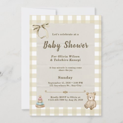 Elegant Neutral Teddy Bear Baby Shower Invitation