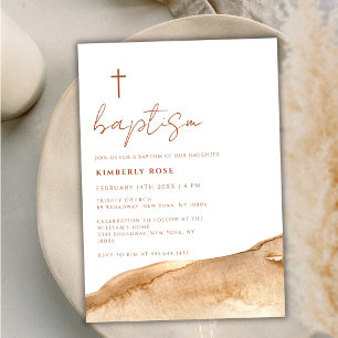 Elegant Neutral Terracotta Abstract Cross Baptism Invitation