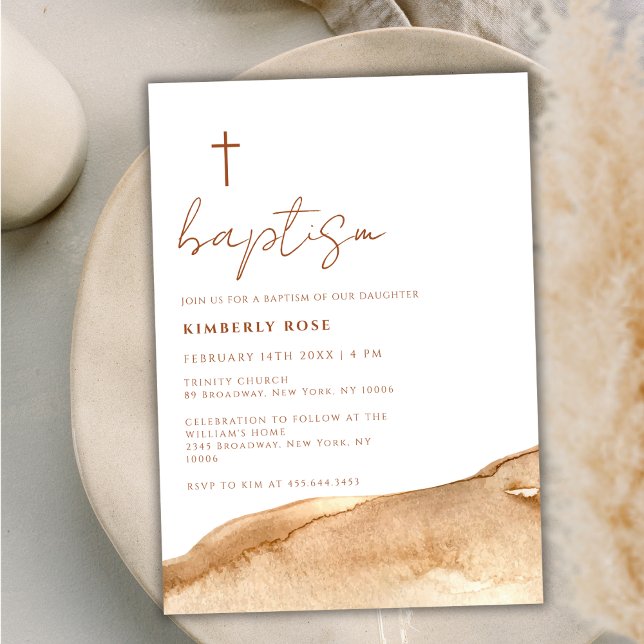 Elegant Neutral Terracotta Abstract Cross Baptism  Invitation (Elegant Neutral Terracotta Abstract Cross Baptism Invitation)