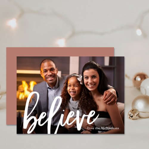 Elegant Neutral Typography Believe Photo Christmas Holiday Card