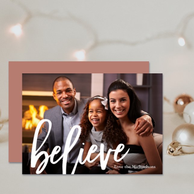 Elegant Neutral Typography Believe Photo Christmas Holiday Card (Creator Uploaded)