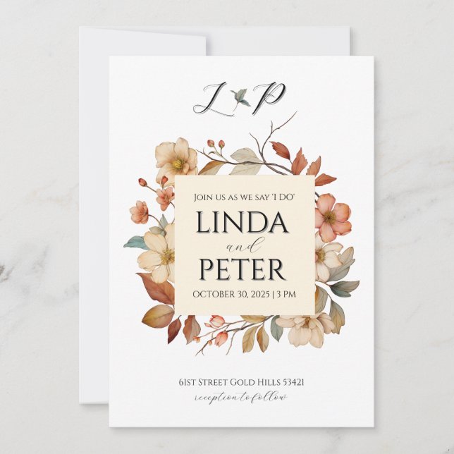 Elegant Neutral Vintage Floral Wedding Invitation (Front)