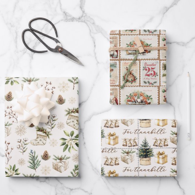 Elegant Neutral Watercolor Christmas Holiday Print Wrapping Paper Sheets (Front)