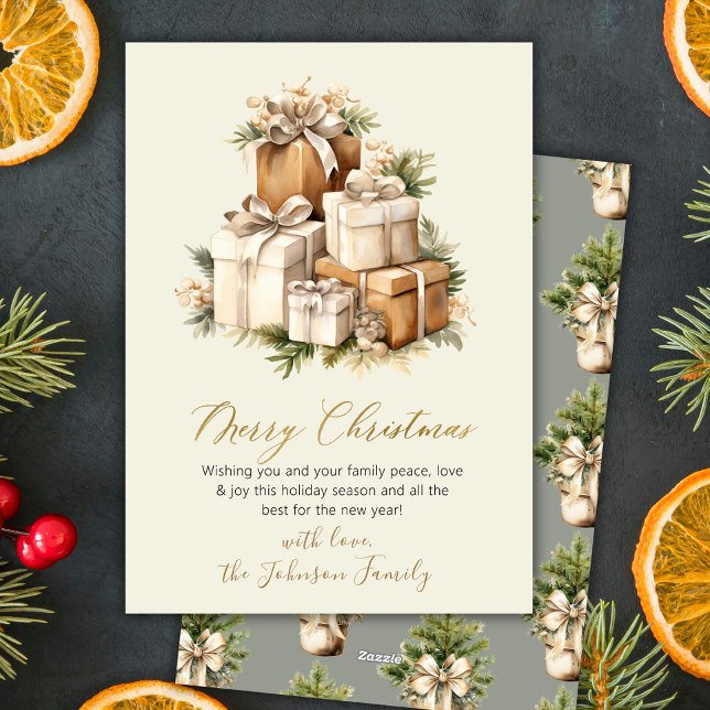 Elegant Neutral Watercolor Christmas Presents Holiday Card (Creator Uploaded)