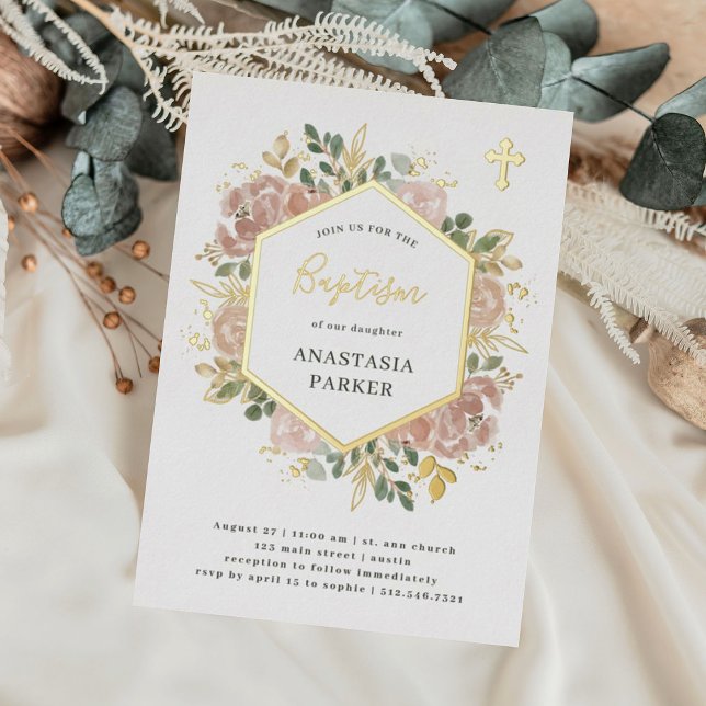 Elegant Neutral Watercolor Floral Baptism | Gold Foil Invitation (Creator Uploaded)