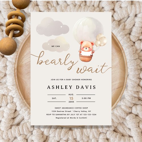Elegant Neutral We Can Bearly Wait Baby Shower  Invitation