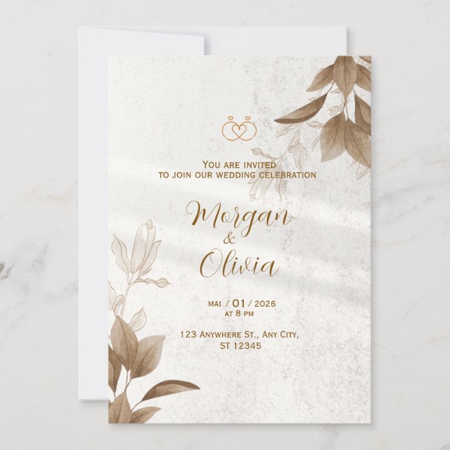 Elegant Neutral Wedding Invitation with Gold Rings (Front)