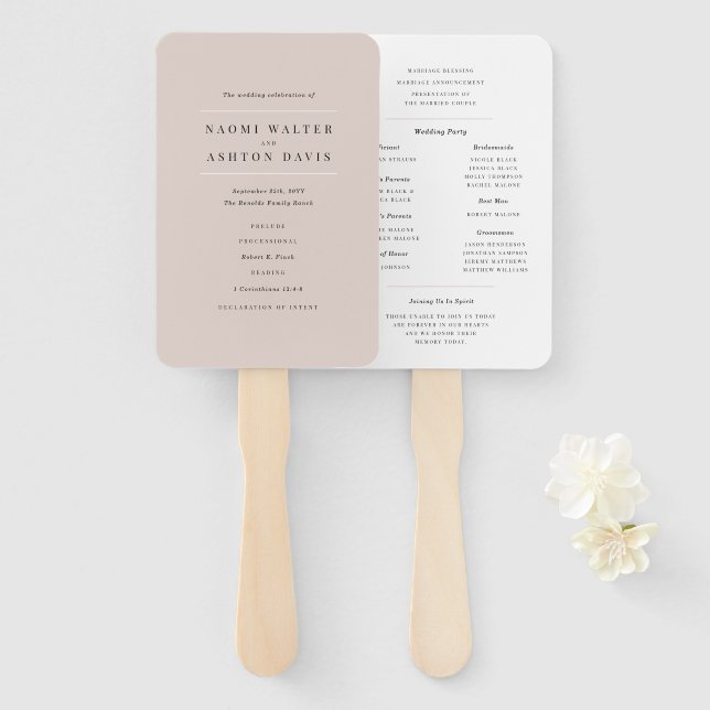 Elegant Neutral Wedding Program Hand Fan (Front and Back)