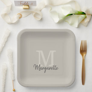 Elegant Neutrals Name and Initial Monogram Paper Plates