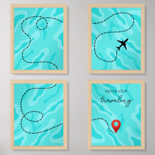 Elegant "never stop traveling" illustrated wall art sets