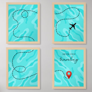 Elegant "never stop traveling" illustrated wall art sets
