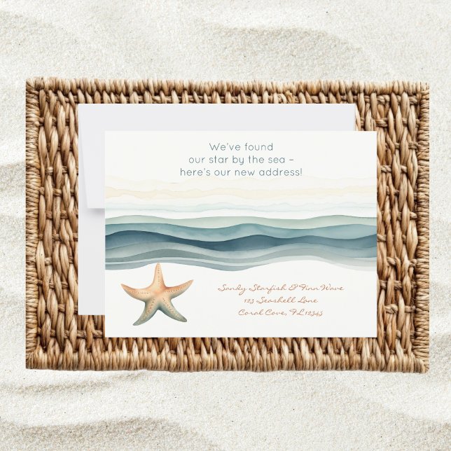 Elegant New Address Postcard (New address postcard with watercolor coastal sea star design – personalize with your details)