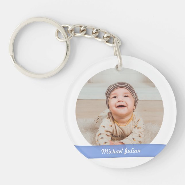 Elegant New Baby Boy Date Birth Photos Keepsake Keychain (Front)