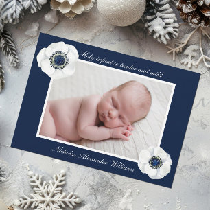 Elegant New Baby Dark Blue Flower Photo Christmas Holiday Card
