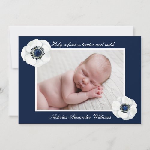 Elegant New Baby Dark Blue Flower Photo Christmas Holiday Card