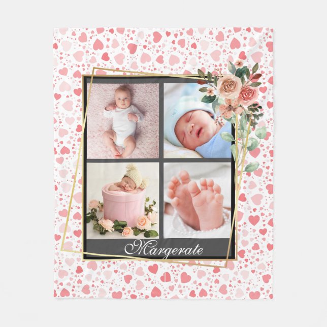 Elegant New Baby Personalized 4 Photo Collage  Fleece Blanket (Front)