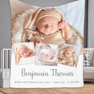 Elegant New Baby Personalized 4 Photo Collage Fleece Blanket
