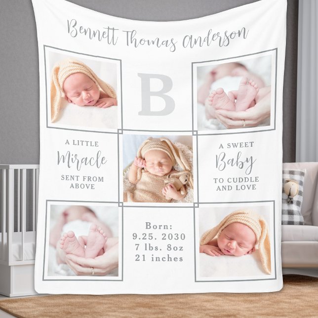 Elegant New Baby Personalized 5 Photo Collage Fleece Blanket (Creator Uploaded)