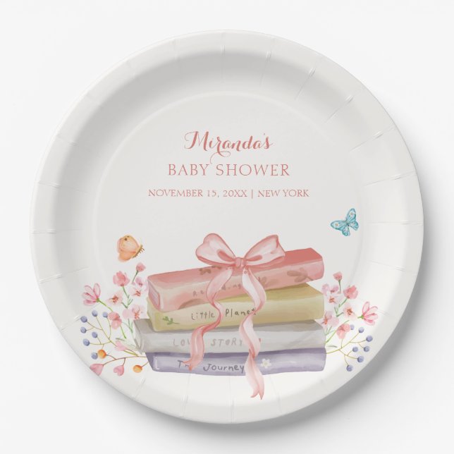 Elegant New Chapter Floral Bow Book Baby Shower Paper Plates (Front)