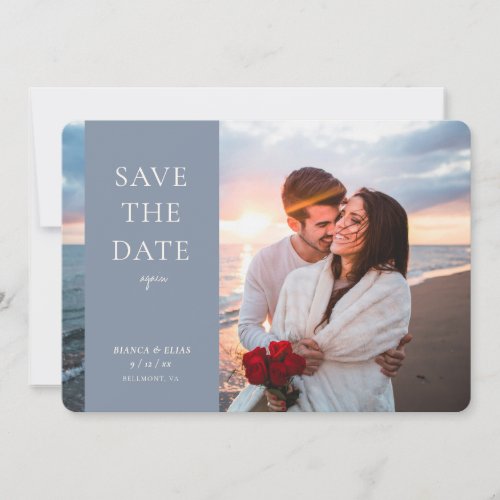 Elegant New Date Modern Script Photo Dusty Blue Save The Date