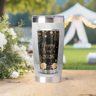 Elegant New Year 2026 Thermal Mug | Black & Gold Insulated Tumbler