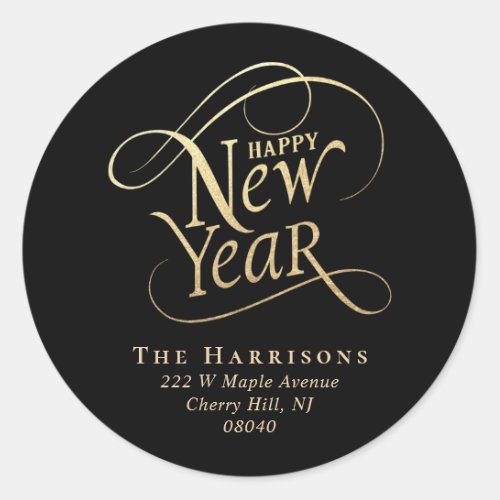 Elegant New Year Black Gold Return Address Classic Round Sticker