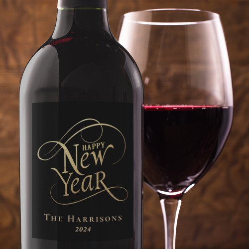 Elegant New Year Black Gold Wine Label