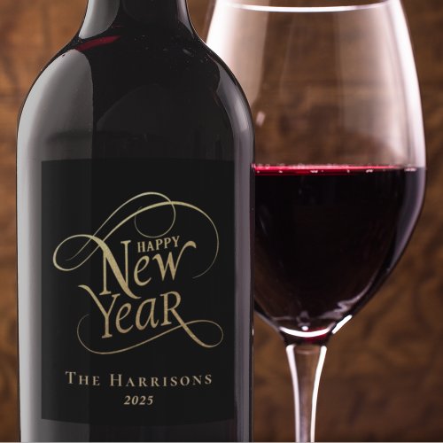 Elegant New Year Black Gold Wine Label