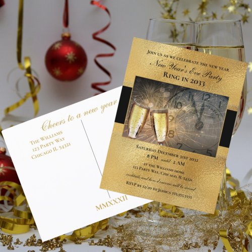 Elegant New Years Eve Black Gold Party Invitation Postcard