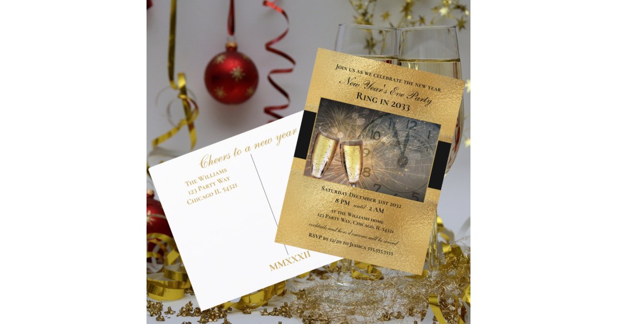 Elegant New Year's Eve Black Gold Party Invitation Postcard | Zazzle