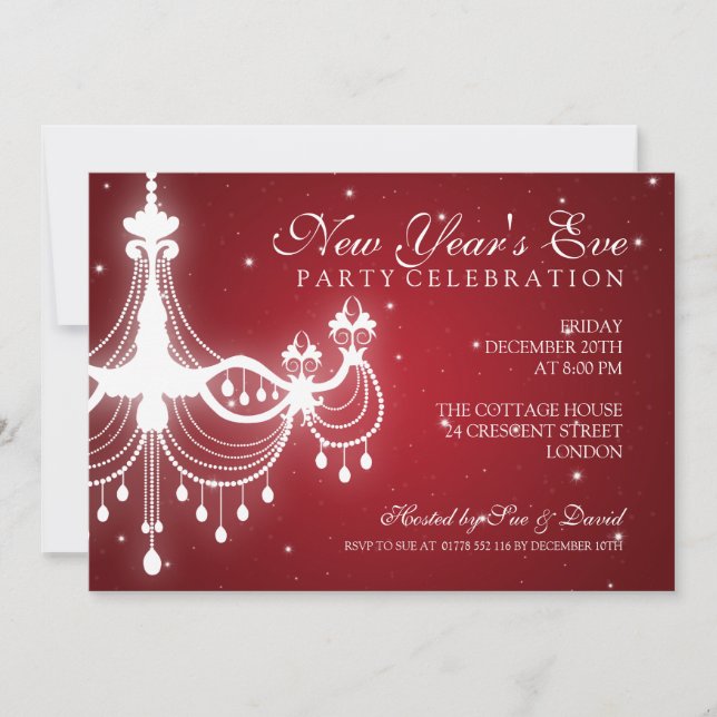 Elegant  New Years Eve Chandelier Red Invitation (Front)