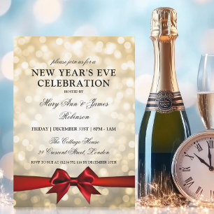 Elegant New Years Eve Gold Bokeh Lights Red Bow Invitation