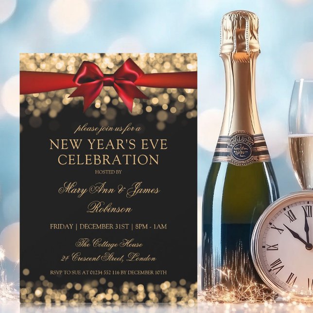 Elegant New Years Eve Gold Shimmering Lights Bow Invitation (Elegant New Years Eve Gold Shimmering Lights Bow Invitation)