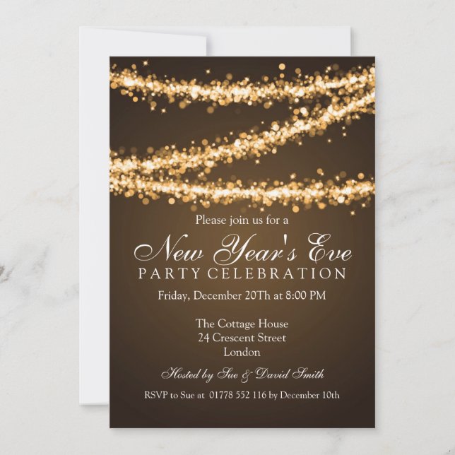 Elegant  New Years Eve Gold String Lights Invitation (Front)