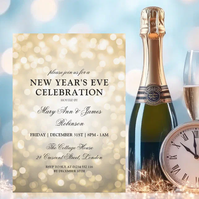 Elegant New Years Eve Party Gold Bokeh Lights Invitation | Zazzle