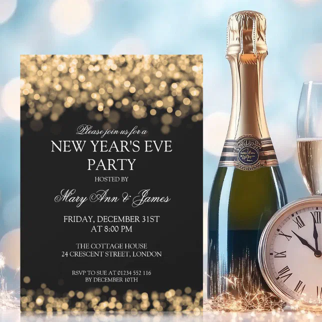 Elegant New Years Eve Party Gold Lights Invitation | Zazzle