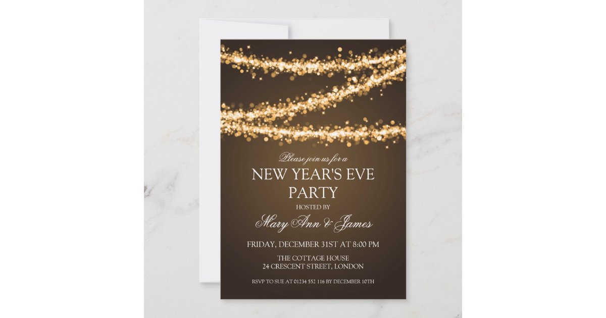 Elegant New Years Eve Party Gold String Lights Invitation | Zazzle