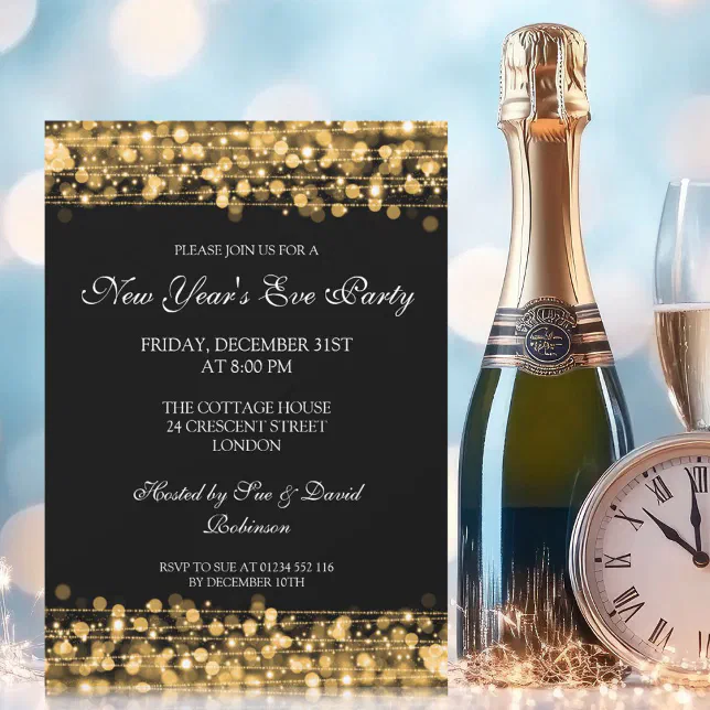 Elegant New Years Eve Party Sparkles Gold Invitation | Zazzle