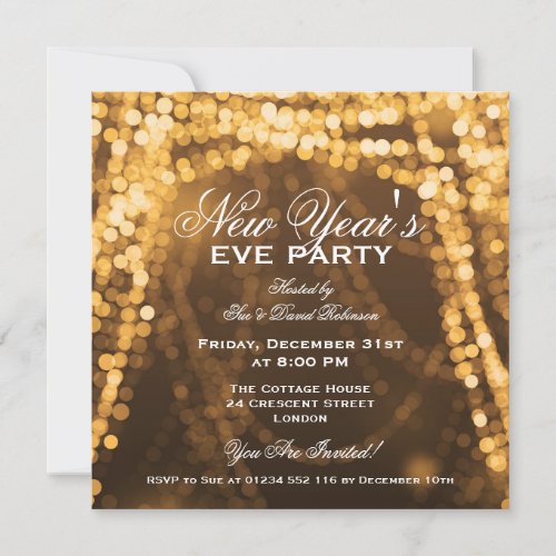Elegant New Years Eve Party String Lights Gold Invitation