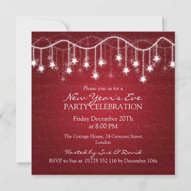 Elegant  New Years Eve Shimmering Stars Red Invitation (Front)