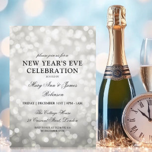 Elegant New Years Eve Silver Bokeh Lights Invitation