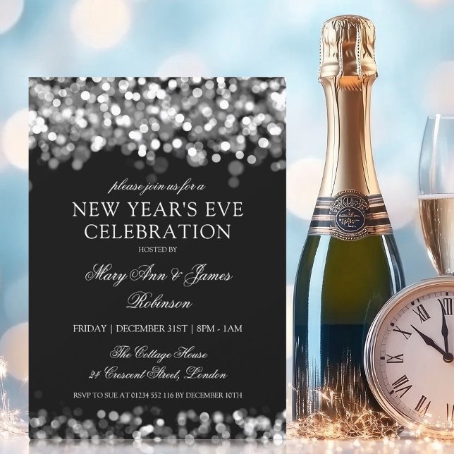 Elegant New Years Eve Silver Shimmering Lights Invitation (Elegant New Years Eve Silver Shimmering Lights Invitation)