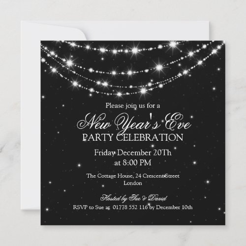 Elegant  New Years Eve Sparkling Chain Black Personalized Invitations